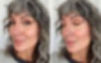 A split screen photo of a woman with gray hair wearing orange based eyeshadow