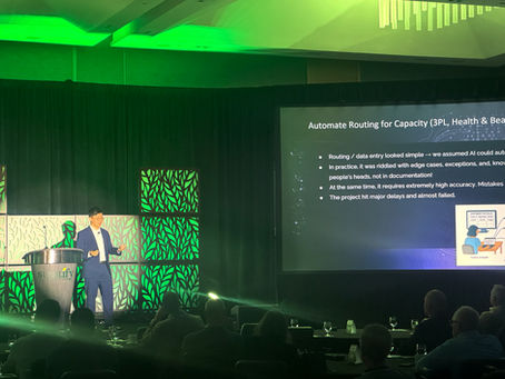 “Peter Qian, CEO of Ventus AI, speaking on stage at the Stratify Executive Forum 2025, presenting lessons from a logistics routing automation project.”