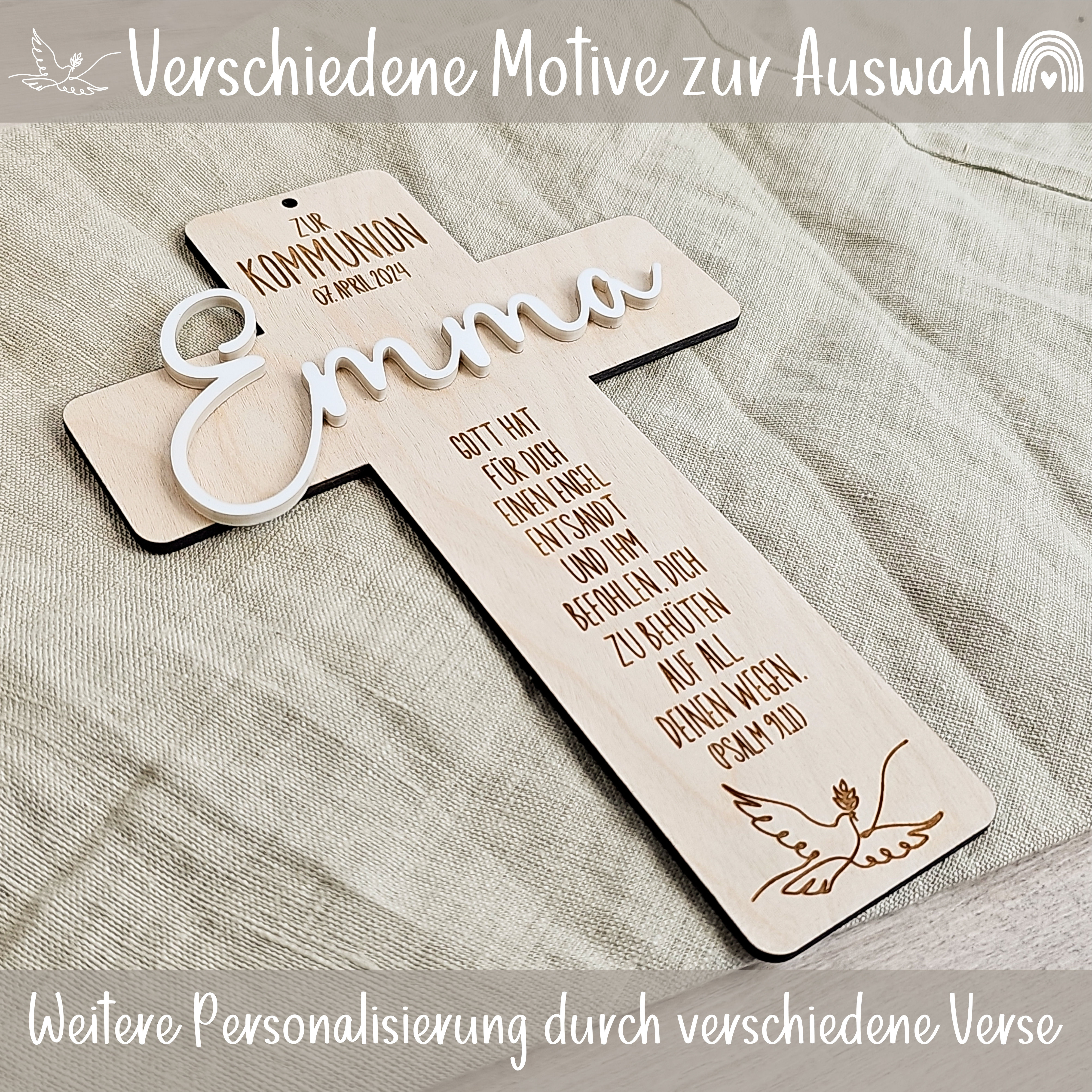Holzkreuz mit Gravur verschiedene Verse und Motive zur Auswahl Kommunion