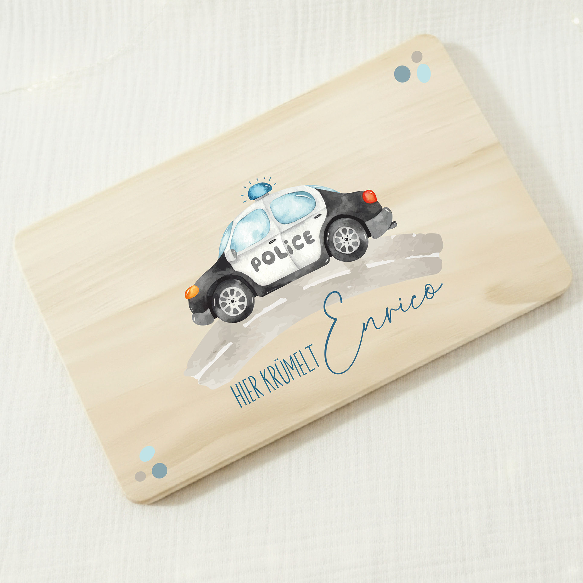 Personalisiertes Kinder-Frühstücksbrett – Polizei - Polizeiauto mit Name