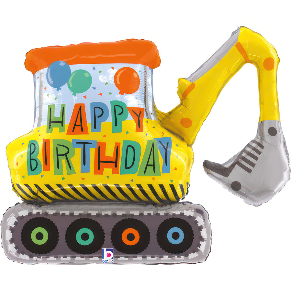 XL Folienballon - Happy Birthday -  Baustelle - gelber Bagger -  79 cm