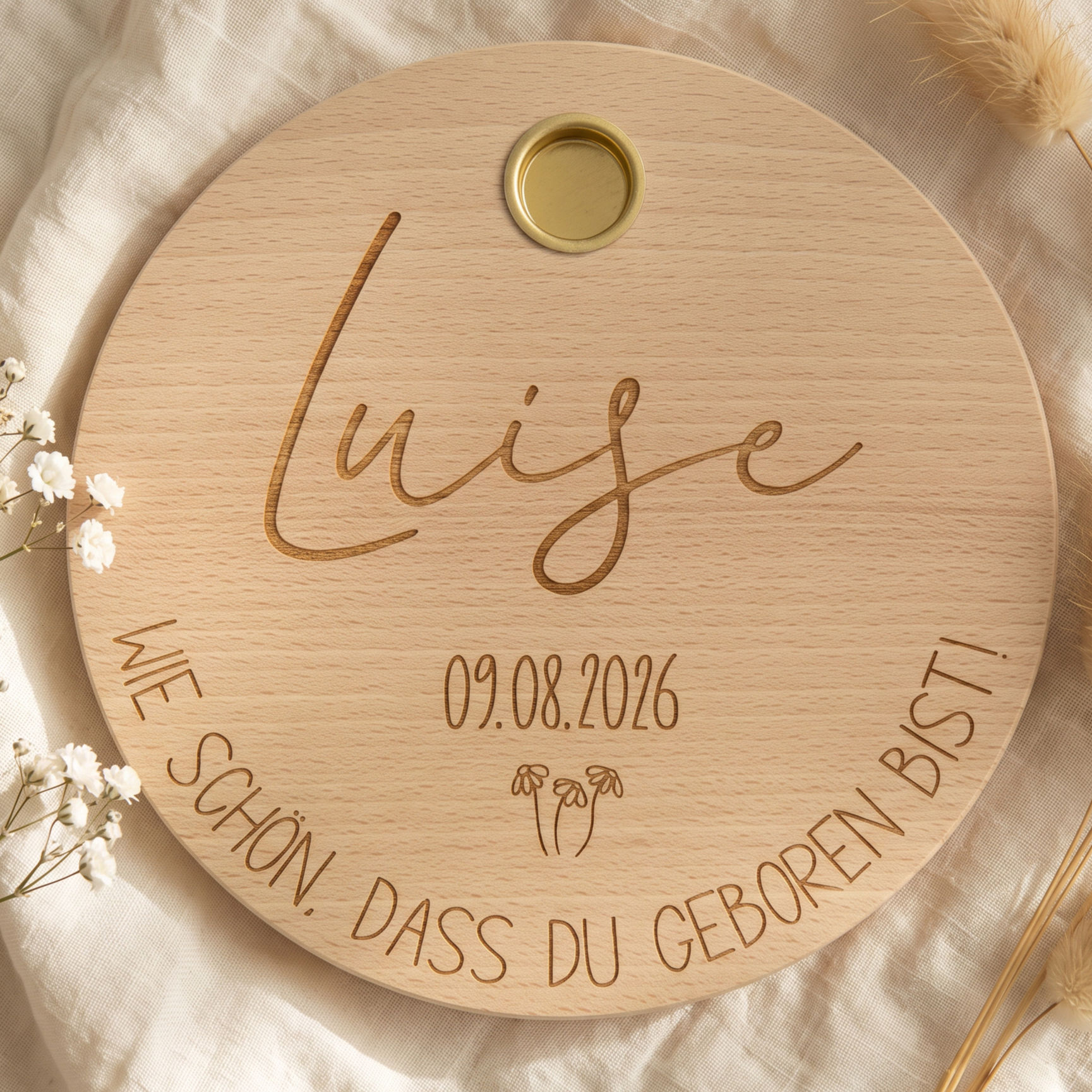 Personalisierter Kerzenteller mit zarten Blumen & Geburtsspruch aus Holz