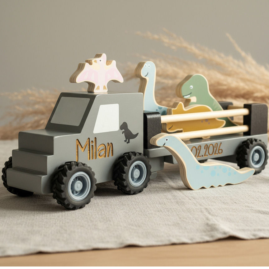 Miniaturbild: Personalisierter Dino-Truck aus Holz mit Gravur – Geschenk zur Geburt oder Taufe