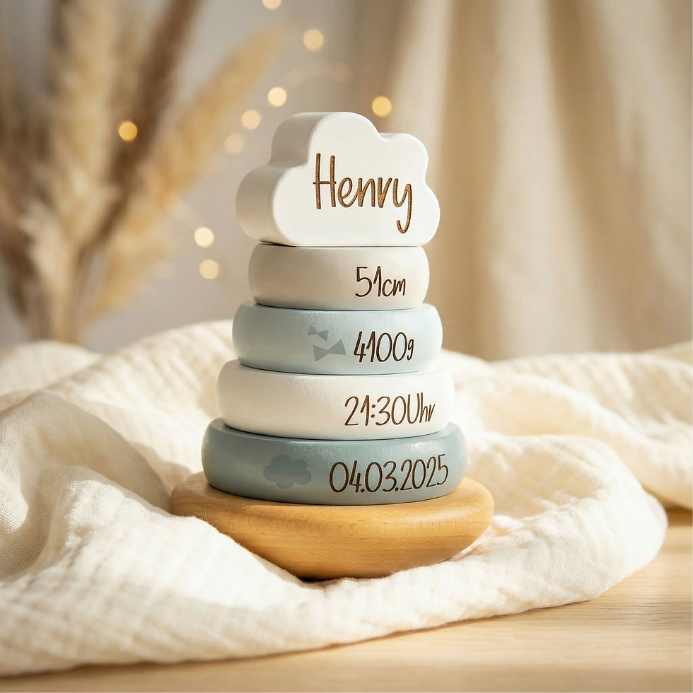 Miniaturbild: Personalisierter Holz-Stapelturm mit Namen & Geburtsdaten – Blau