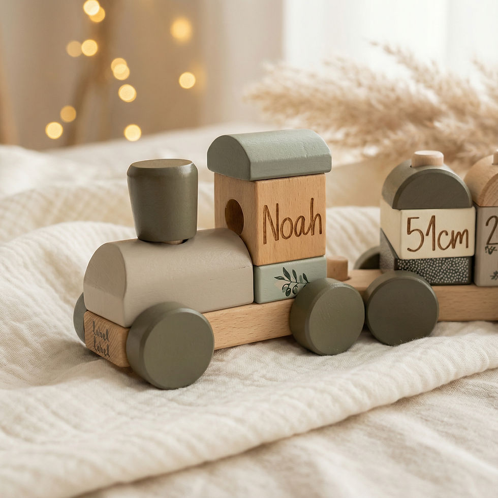 Miniaturbild: Personalisierter Holzzug „Oliv“ – Geschenk zur Geburt mit edler Gravur