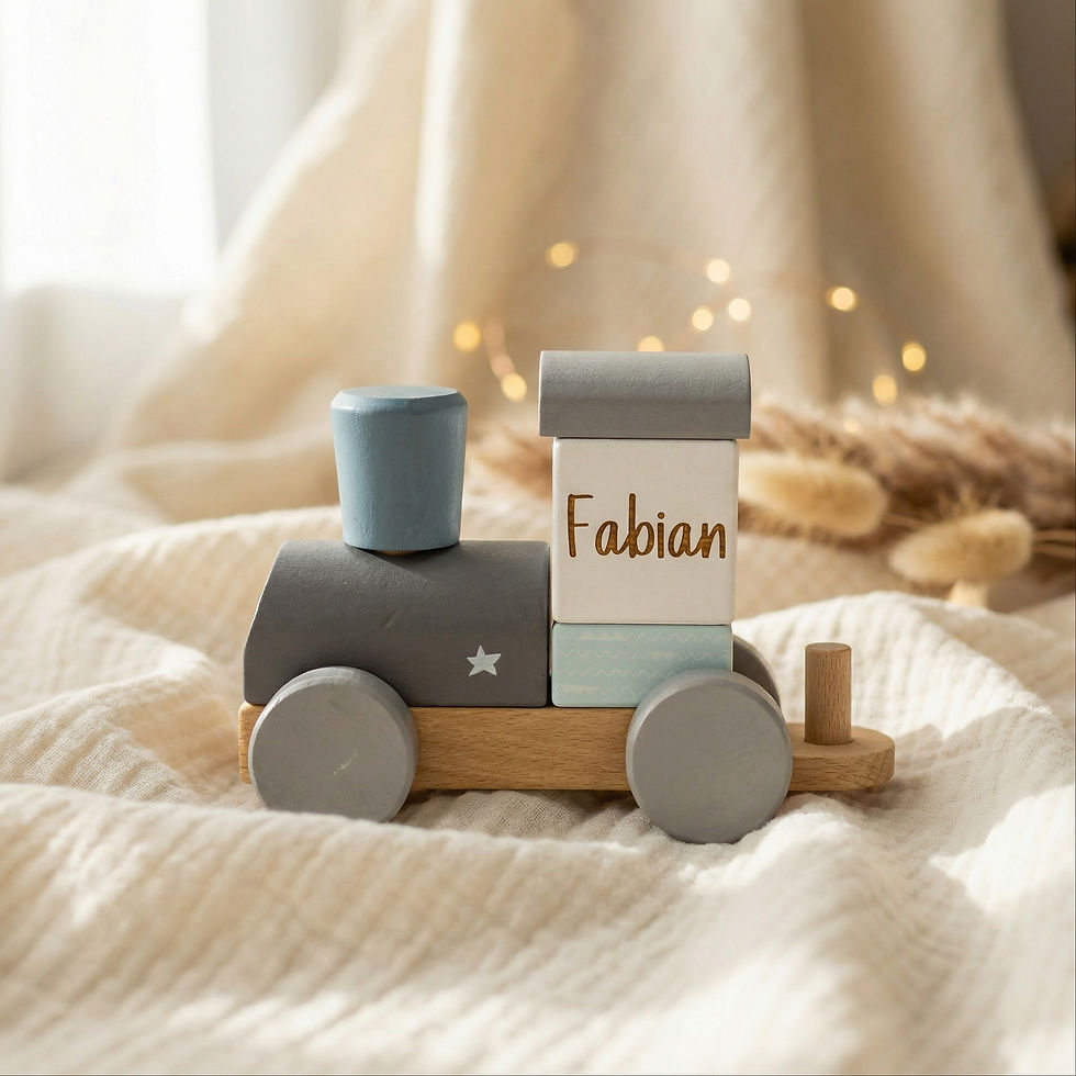 Miniaturbild: Personalisierter Holzzug „Blau“ – Geschenk zur Geburt mit edler Gravur