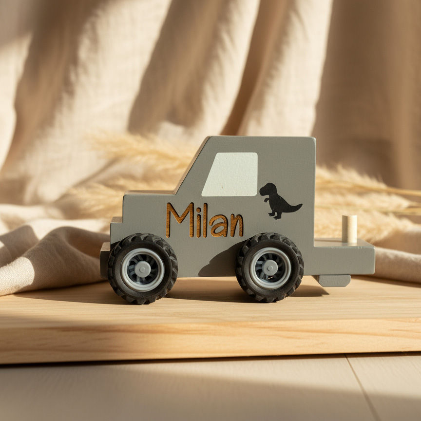 Miniaturbild: Personalisierter Dino-Truck aus Holz mit Gravur – Geschenk zur Geburt oder Taufe