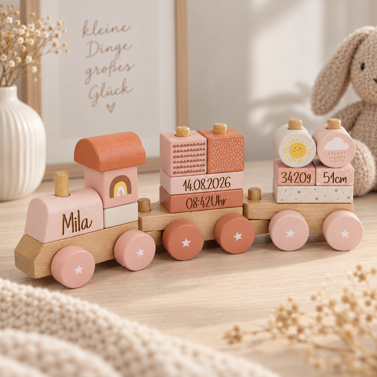 Personalisierter Holzzug mit Name & Geburtsdaten – Rosa Regenbogen