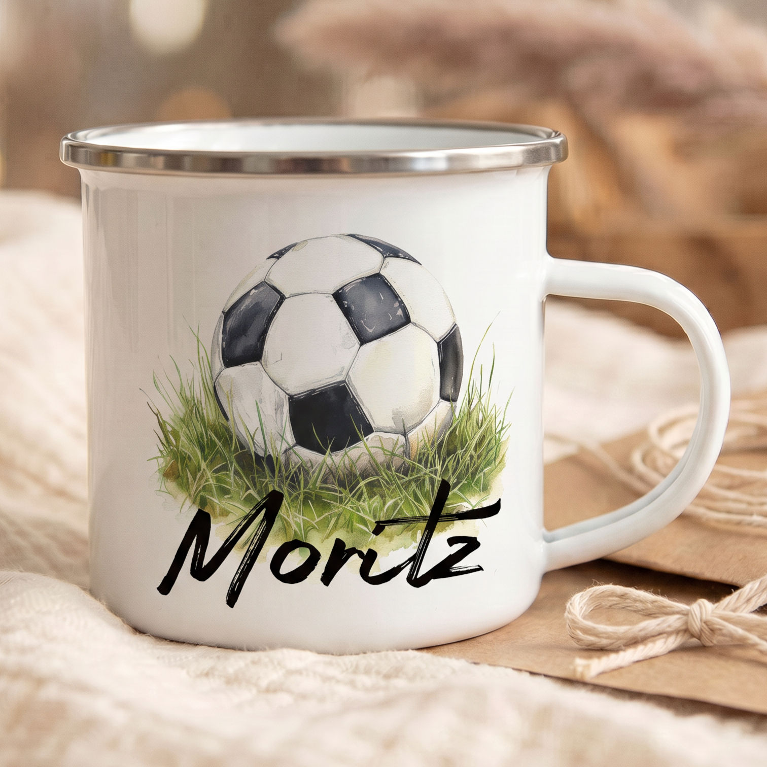 Personalisierte Emaille-Tasse mit Name – Fußball – Kindertasse für Jungen
