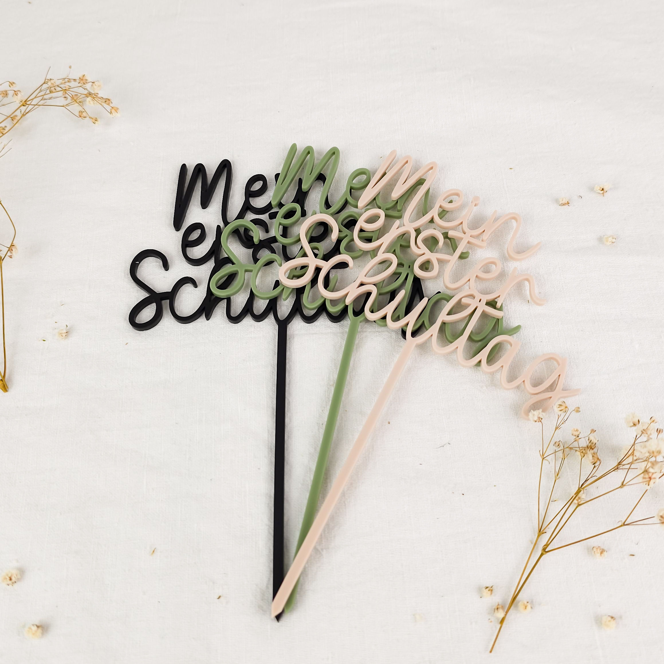 Mein erster Schultag Cake Topper – Acryl, Erdtöne Nude/Olive/Schwarz