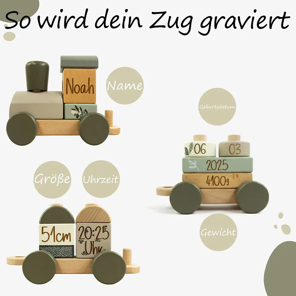 Miniaturbild: Personalisierter Holzzug „Oliv“ – Geschenk zur Geburt mit edler Gravur
