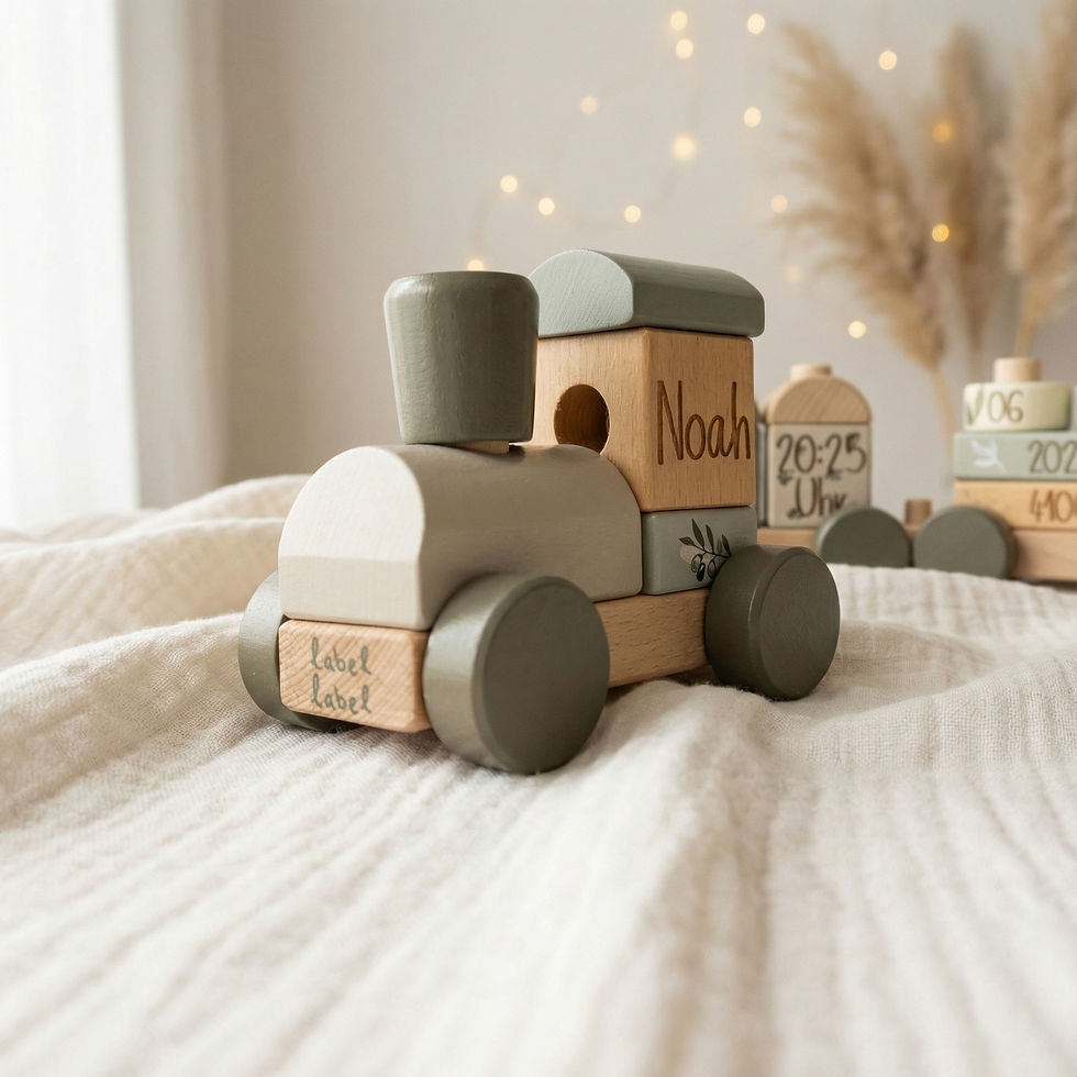 Miniaturbild: Personalisierter Holzzug „Oliv“ – Geschenk zur Geburt mit edler Gravur