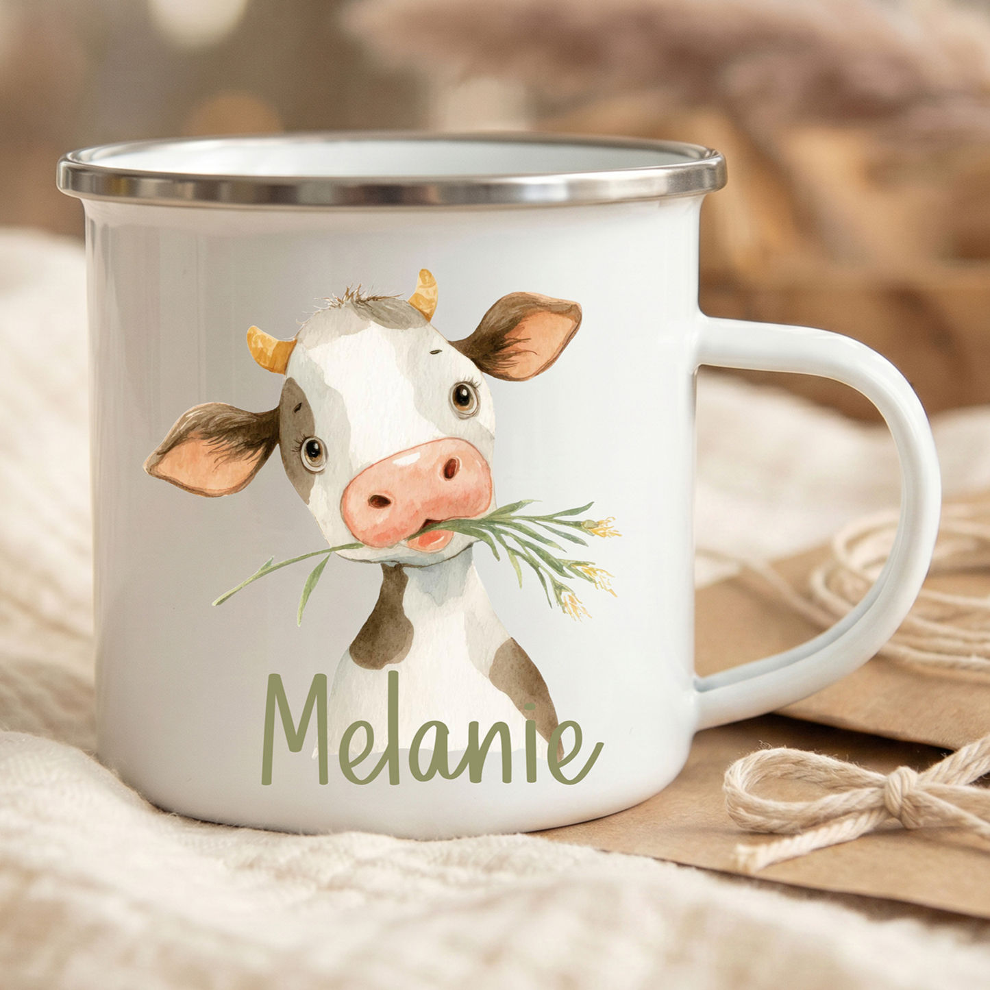 Personalisierte Emaille-Tasse mit Name – Kuh – Bauernhof Kindertasse