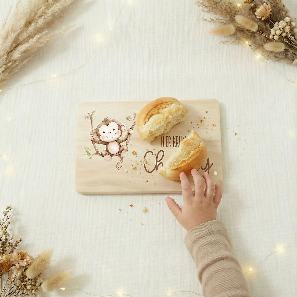 Miniaturbild: Personalisiertes Kinder-Frühstücksbrett – Safari - Affe - mit Name
