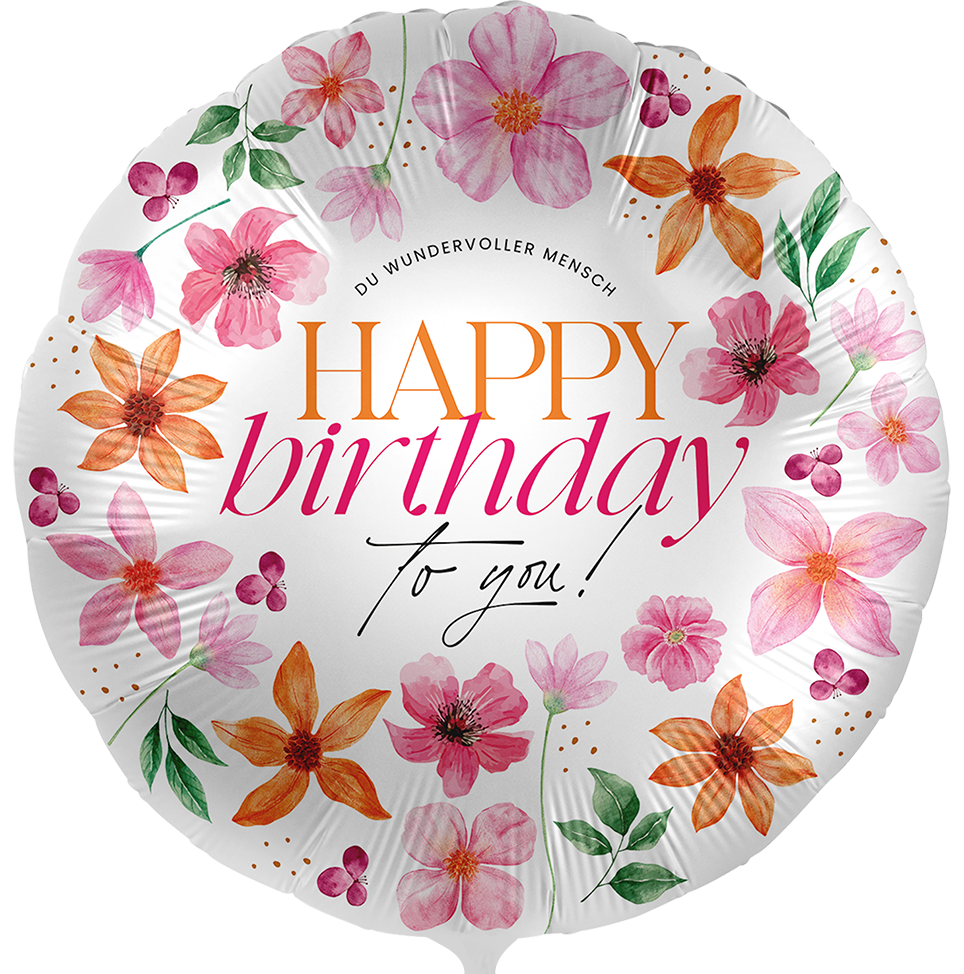 Folienballon - Happy Birthday - Blumen - Rund - 43 cm