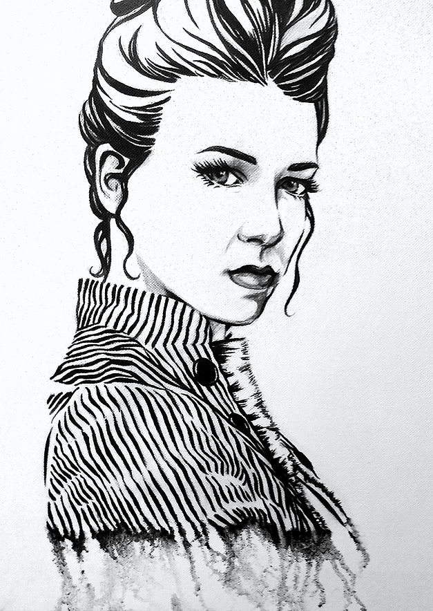Original black and white painting of young woman in striped jacket where the stripes are ending in drips