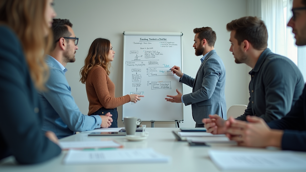 Eye-level view of a team brainstorming around a whiteboard
