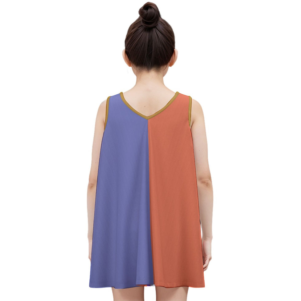 Thumbnail: Curl Study kids’ cotton dress, back view showing lavender and coral colour blocking