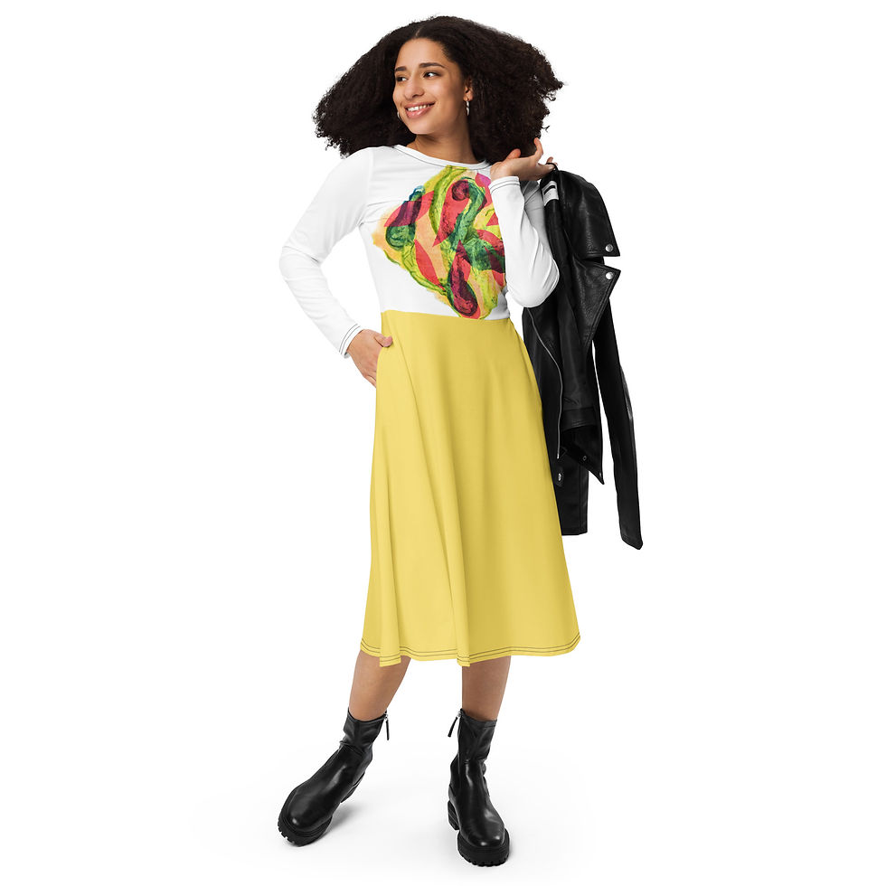 Thumbnail: Lifestyle mockup of Darwin Sun long-sleeve midi dress styled with black jacket