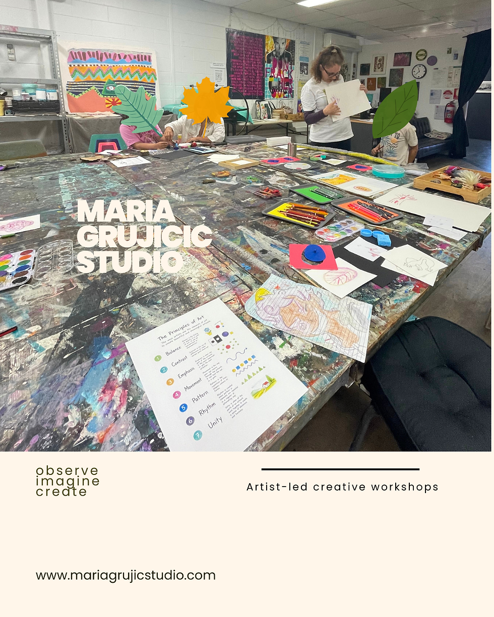 Montessori art workshop in Darwin at UNTiTLED gallery+studio, with children exploring watercolour, drawing, colour, pattern and artist-led creative learning.