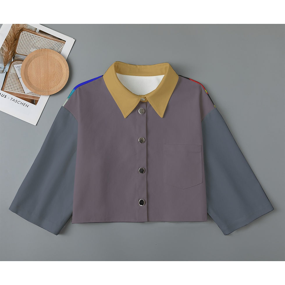 Studio Colour women’s cropped cotton jacket, front view with ochre collar and lavender-grey body