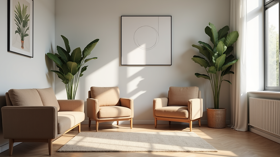Eye-level view of a serene counselling space with comfortable seating