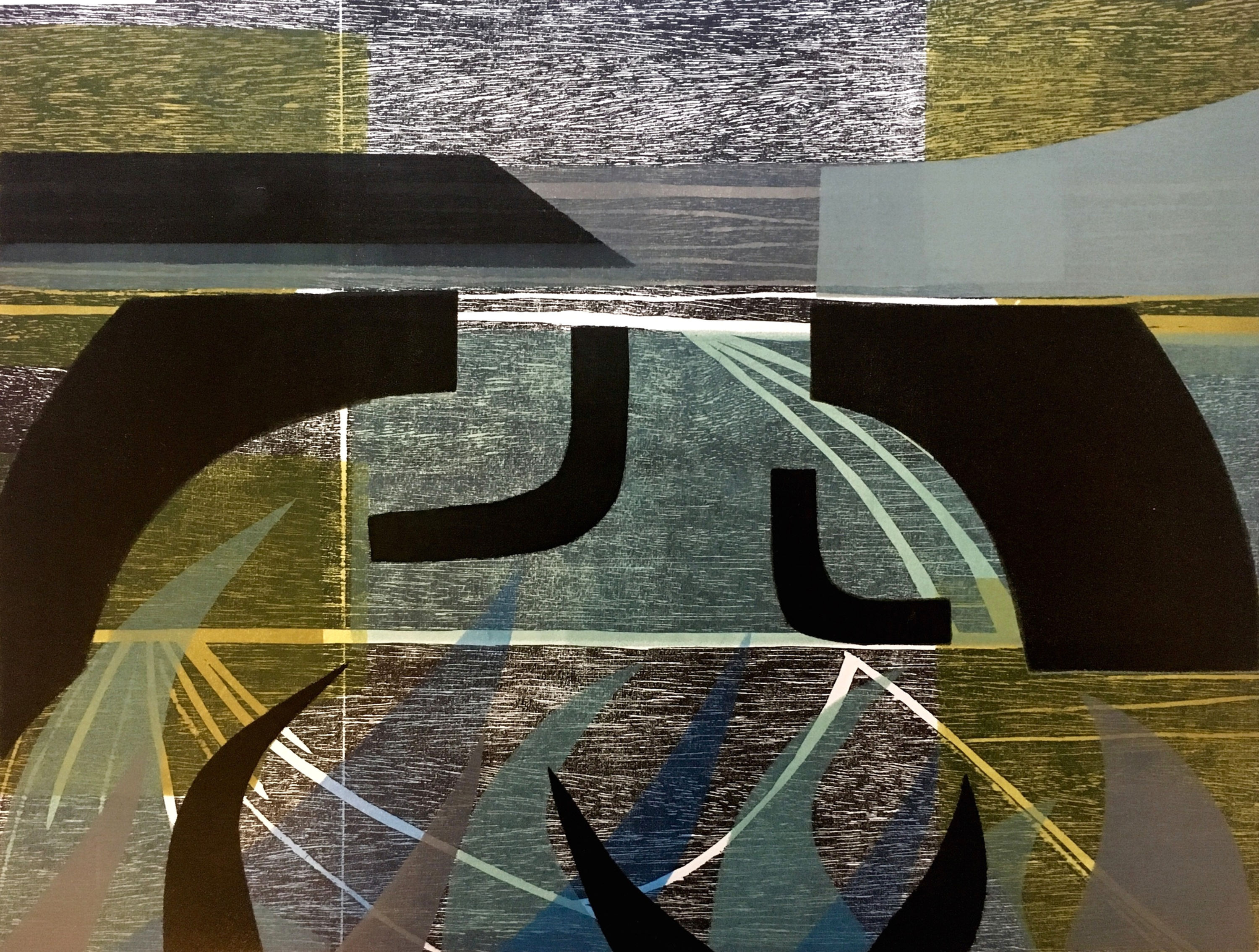 Harbour Waves Woodcut and Stencil Original Print in Black Green and Blue