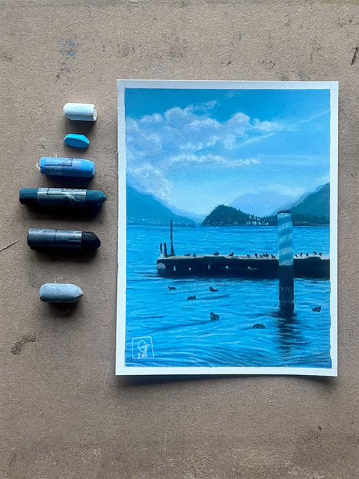 Pittura a pastello En plein air - il lago di Como con vistasu Bellagio