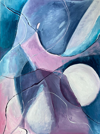 Abstract acrylic painting with blue, pink, and white shapes.