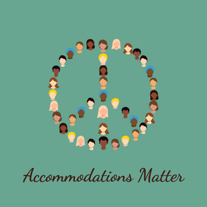 Diverse faces form a peace sign on a green background, above text reading "Accommodations Matter" in elegant script.
