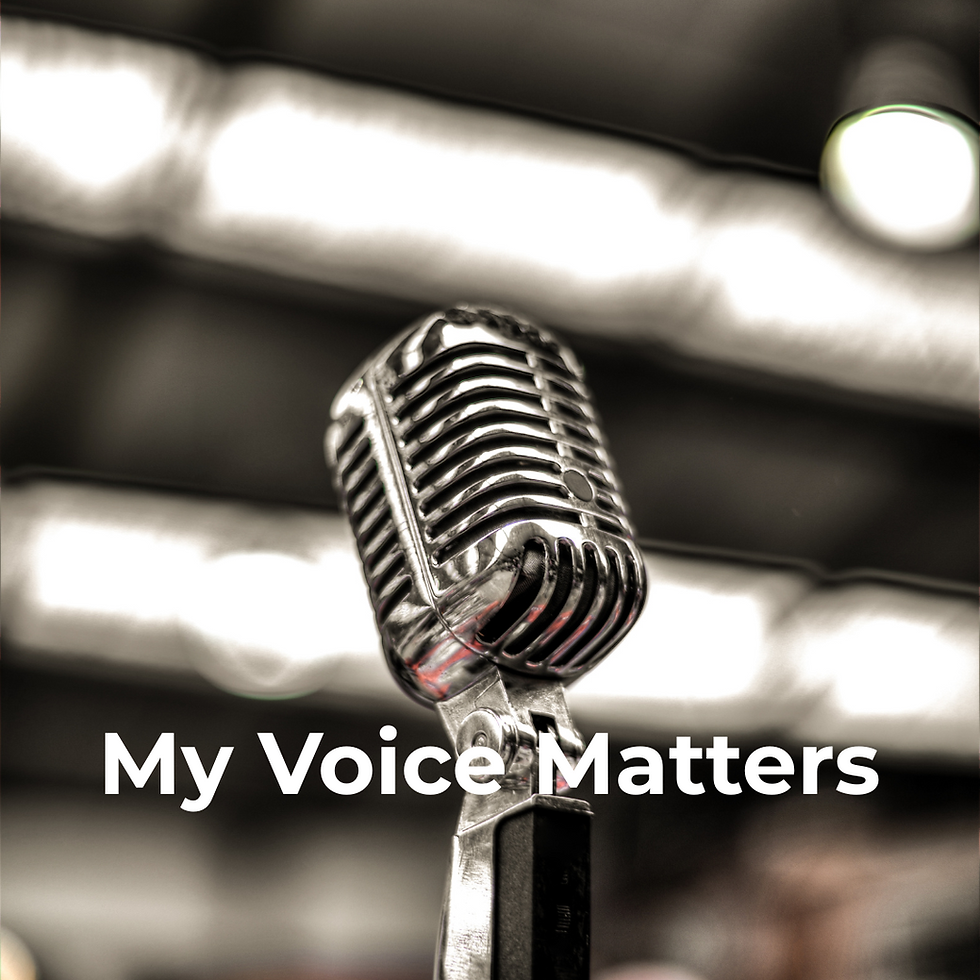 A vintage microphone against a blurred background with glowing lights. Text reads "My Voice Matters." Mood is empowering.