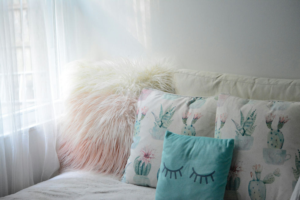 Cozy corner with fluffy pillows, one with cactus print, another in teal with eyelash design; soft light through sheer curtains. Calm mood.