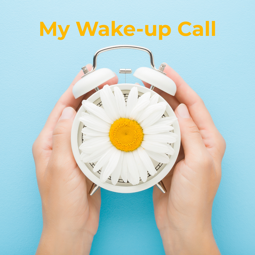 Hands holding an alarm clock with a daisy face on a blue background. Text reads "My Wake-up Call" in yellow, creating a fresh vibe.