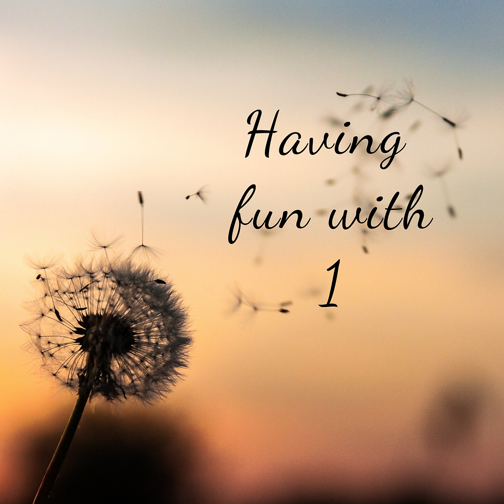 Dandelion seeds blowing in the wind against a sunset sky with text "Having fun with 1." Warm colors create a serene mood.