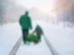 Father and son dragging a christmas tree on a sleigh on a snowy day