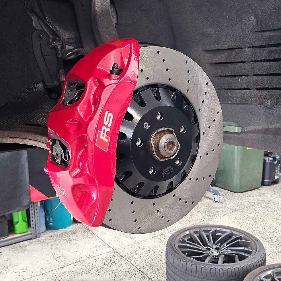 Audi RS4 red brake caliper and replacement drilled disc rotor