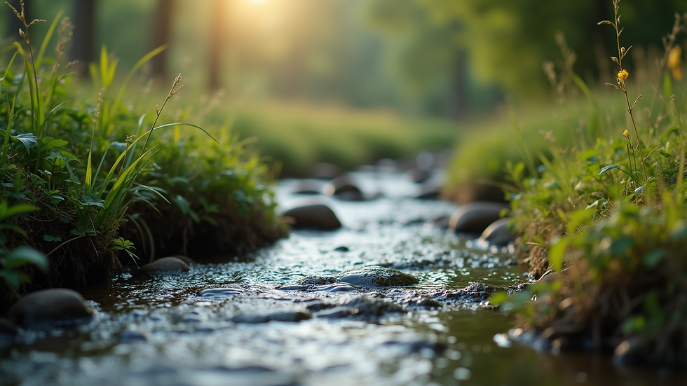 Close-up view of a serene nature scene with a flowing stream