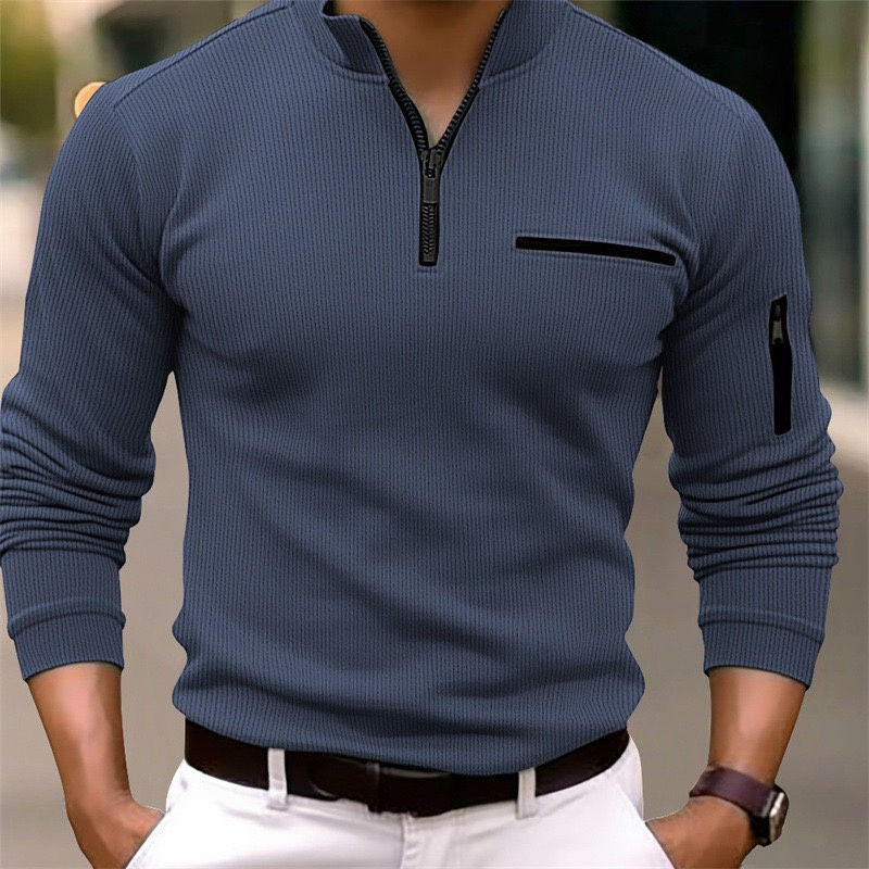 Miniatura: Men's new spring and autumn long-sleeved striped POLO shirt zipper collar retro 