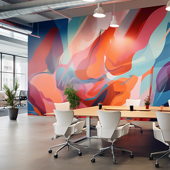 Colorful and abstract wall covering in a modern office meeting space.