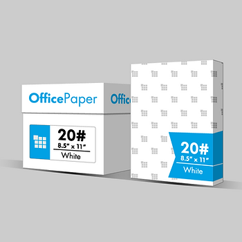 Box of 20# office paper with a ream next to it.