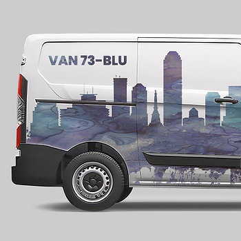 Abstract skyline of a city and vehicle number on a white van.