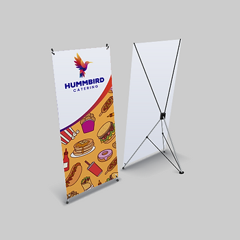 The front and back of a spring back banner advertising a catering company.
