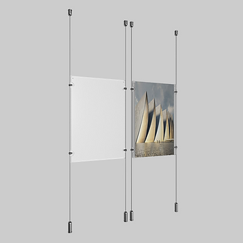 Clear and printed acrylic displays suspended on cable rods.