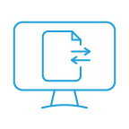 Computer monitor with a file and passing arrows representing transfer.