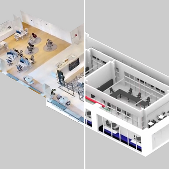 Left half of a raw 3D building scan and the right half of a touched-up model.