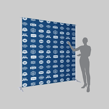 Large, blue telescopic banner display with a human outline for scale.