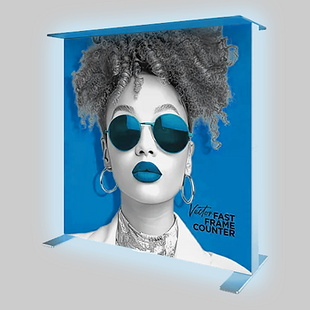 Backlit blue and bold display of a woman with glasses in black and white.