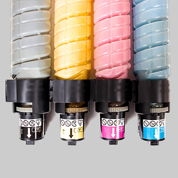 Black, yellow, magenta and cyan toner cartridges.