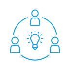 Lit lightbulb surrounded by three people in a circle.