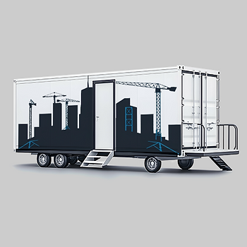 City skyline decal on the exterior of a mobile jobsite trailer.